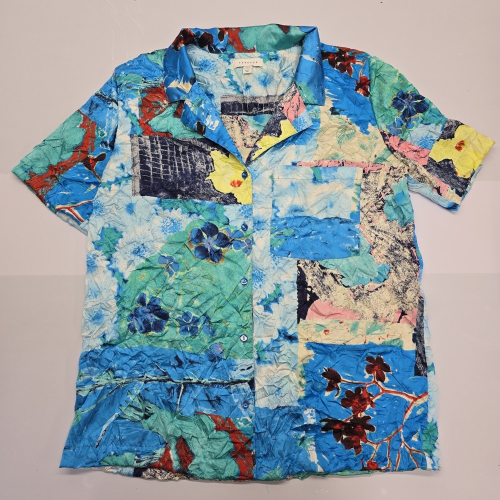 Topshop Abstract Floral Satin Plisse Button Down Short‎ Sleeve Shirt Blue US 8